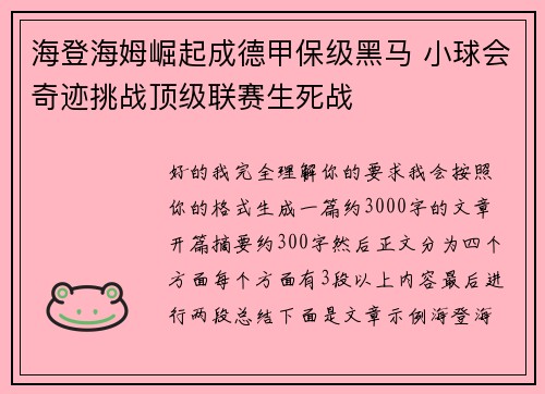 海登海姆崛起成德甲保级黑马 小球会奇迹挑战顶级联赛生死战